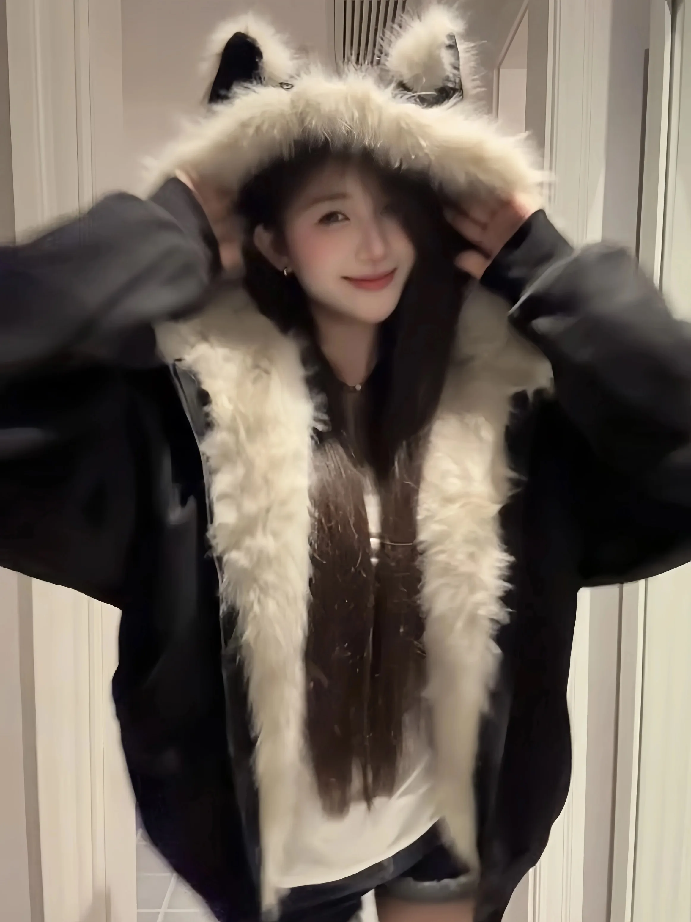 겨울 신상 우아한 안감 털 루즈핏 코트 여성 Y2K 털 칼라 후드 두꺼운 패션 파카 캐주얼 아우터웨어 코튼 패딩 재킷