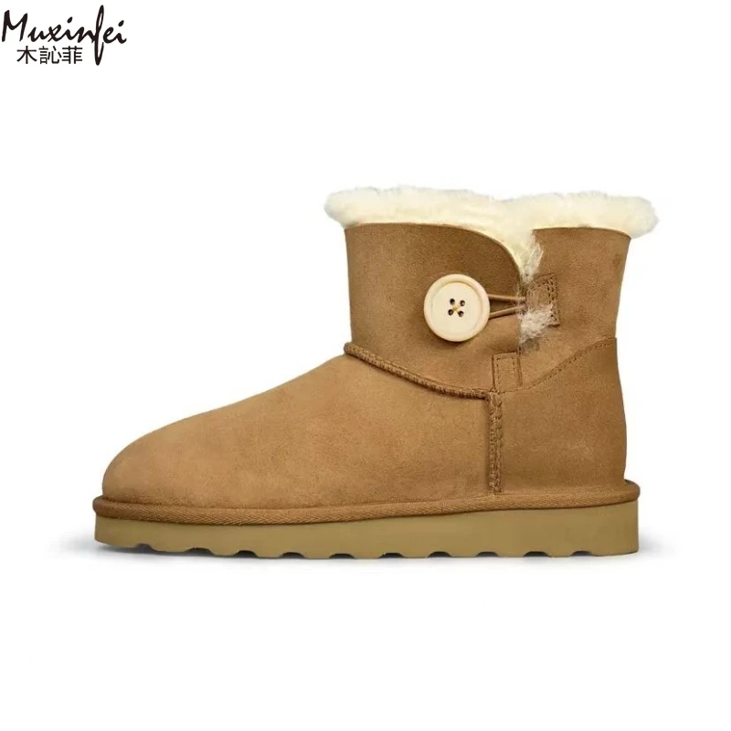 2026 Winter Snow Boots with Plush and Thick Short Wooden Buckle Snow Boots, Women's Fur Integrated Leather Boots, Women's Shoes