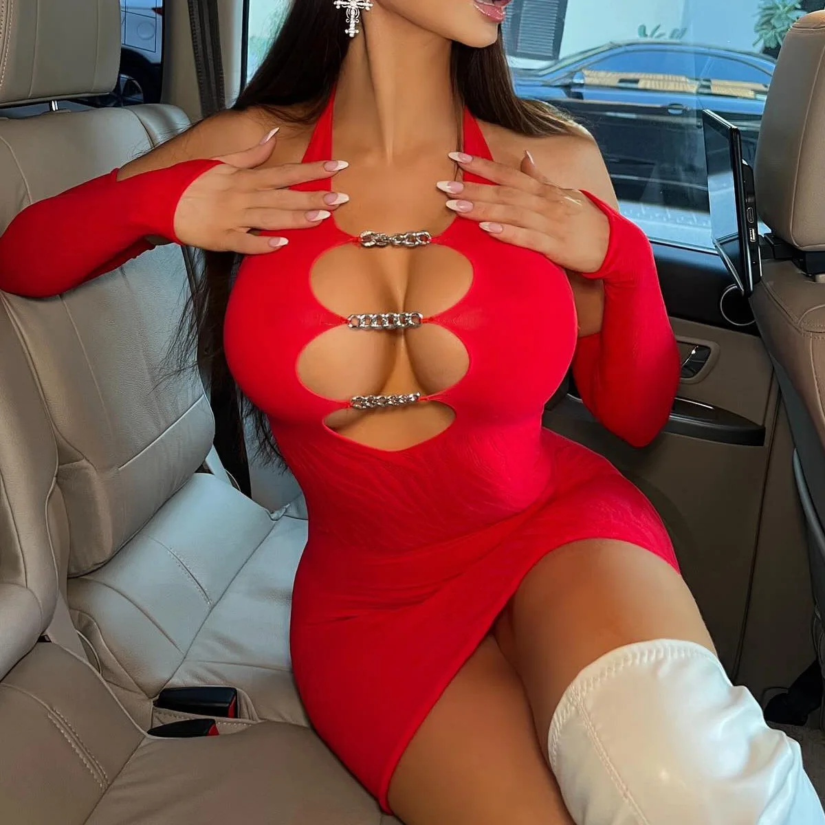 Conjunto de 3 piezas para mujer, minivestido ajustado con cuello Halter y cadena de Metal transparente, Tanga y par de mangas