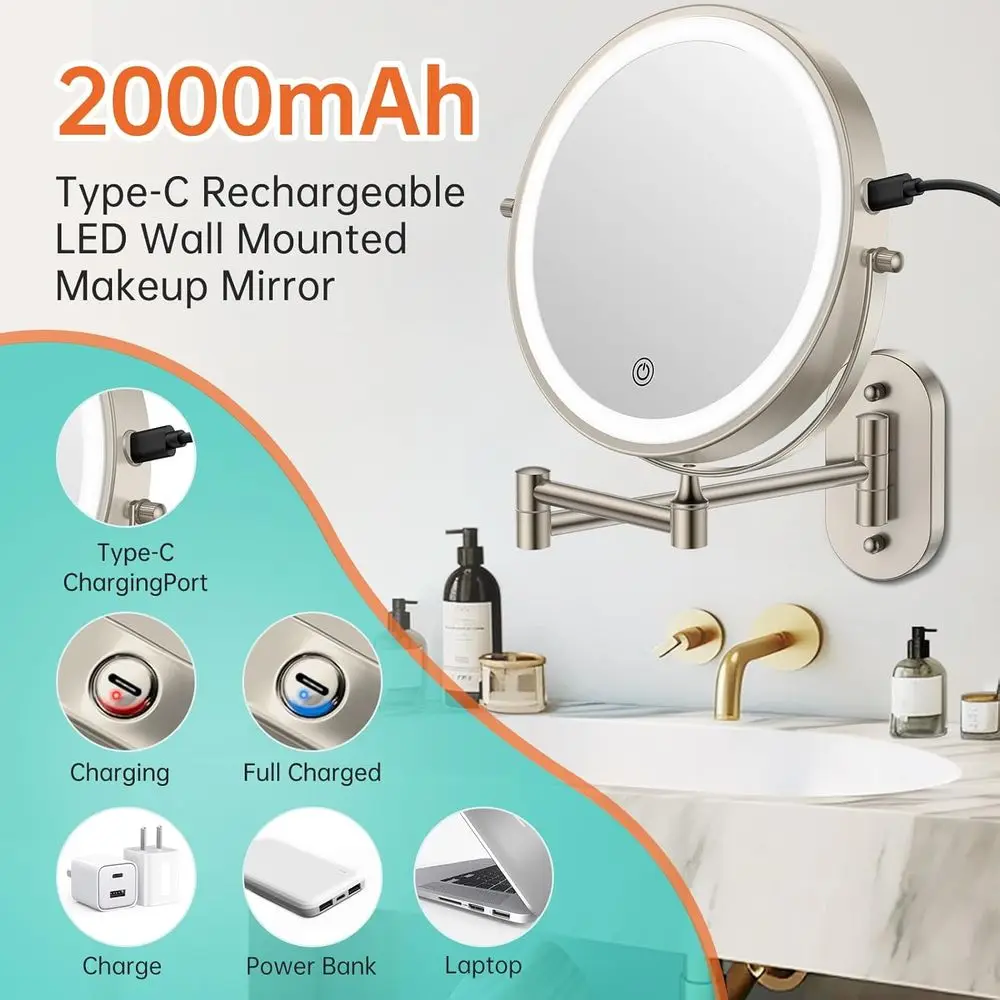 8 مرآة زينة LED مزدوجة الجوانب مع تكبير 1X/10X، تعتيم شاشة اللمس، 360 درجة ° دوران للمكياج والحلاقة #2