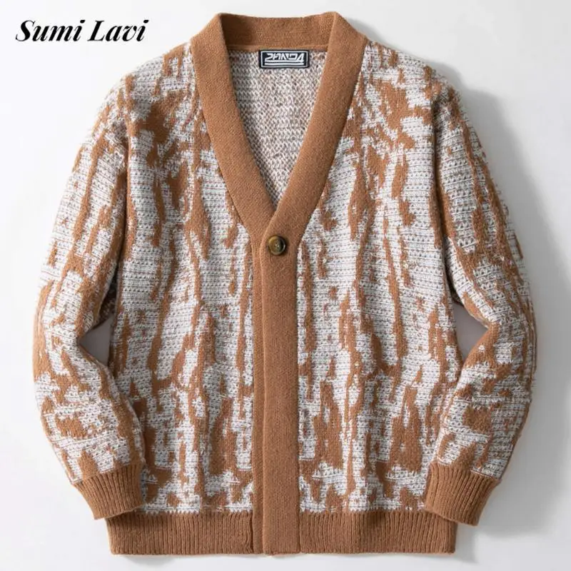 

2025 Fall Winter New Casual Mens Sweatercoats Vintage Turn-down Collar Button-up Knit Jackets Men Fashion Crochet Sweater Jacket