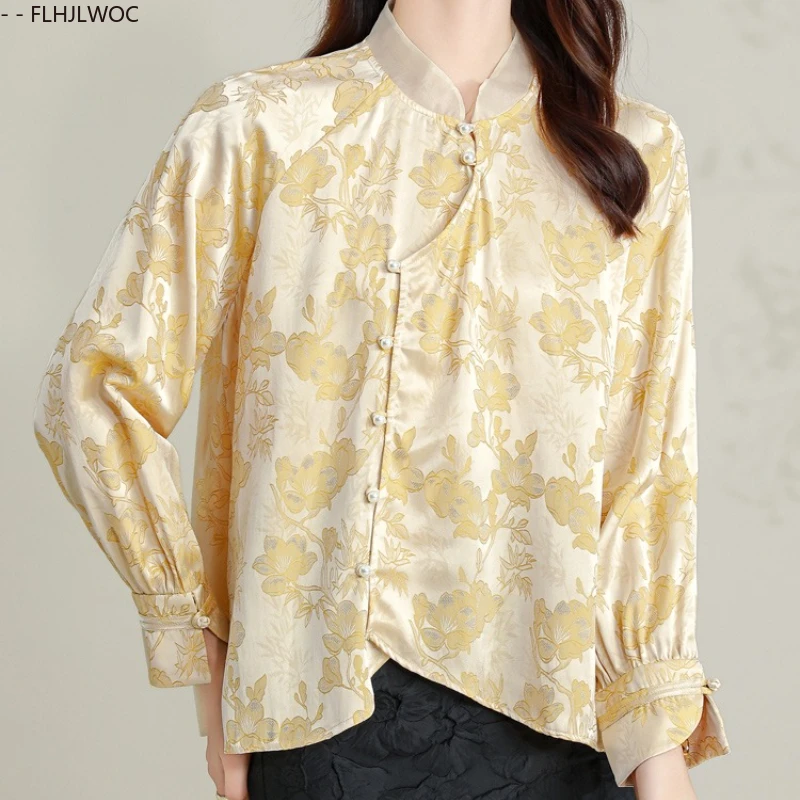 Neue Jahr Chinesischen Stil Shirt Frauen Mode Champagner Floral Gestickte Bluse Elegante Dame Stehkragen Retro Vintage Tops
