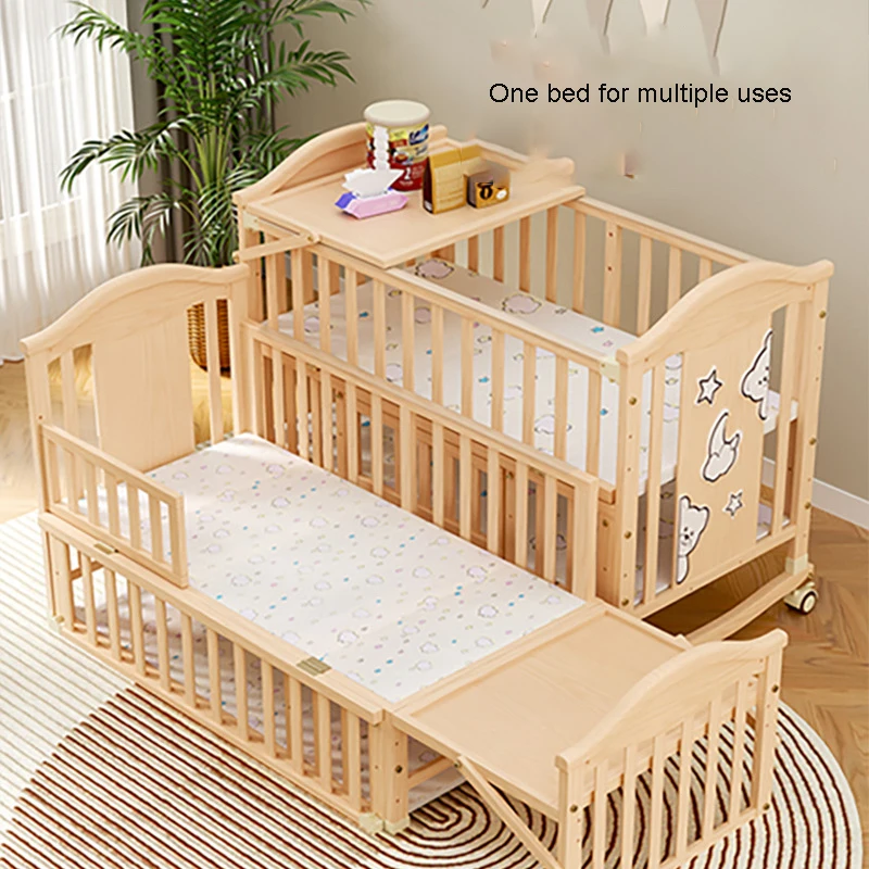 Changeable Baby Bed Newborn Solid Wood Unpainted Baby Bed Cradle Bed Convertible Desk Can Be Spliced ​​Into A Large Bed