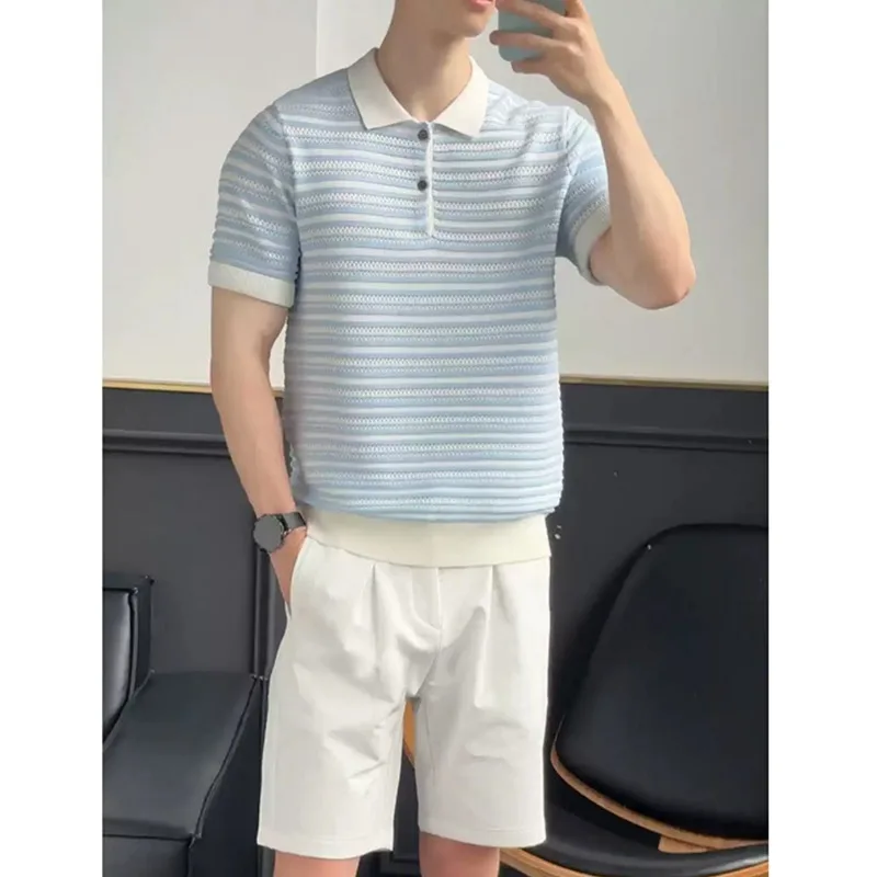 Men's Summer Openwork Striped Knit Polo Shirt, Breathable Casual All-Match Short Sleeve Top, Fashionable & Comfortable Sweater