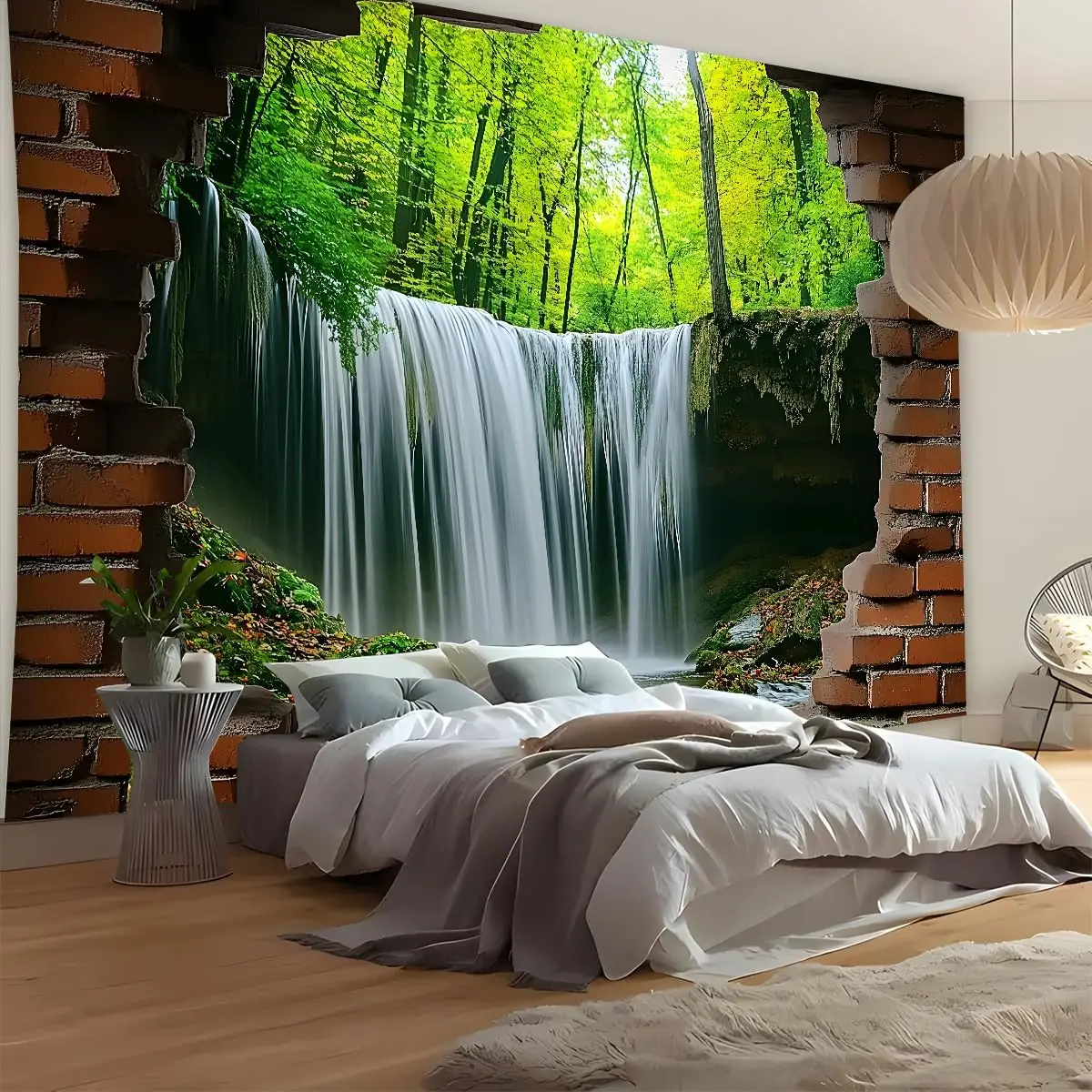 3D Waterfall Forest Window Tapestry Nature Landscape Wall Art for Bedroom Living Room Dorm Decor