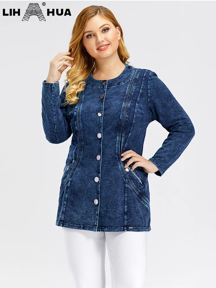 LIH HUA Women\'s Plus Size Denim Jacket Fall High Elasticity Cotton Knit Long Sleeve Casual Fashion Jacket