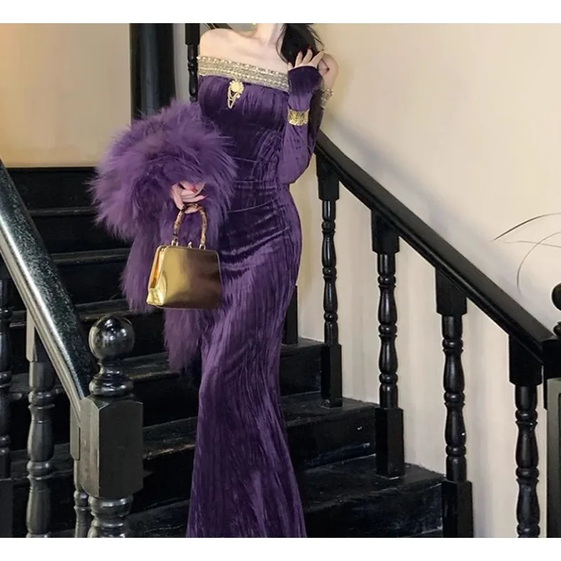 

High-end French Light Luxury Dress, Purple Off-the-shoulder Strapless Long-sleeved Velvet Long Dress