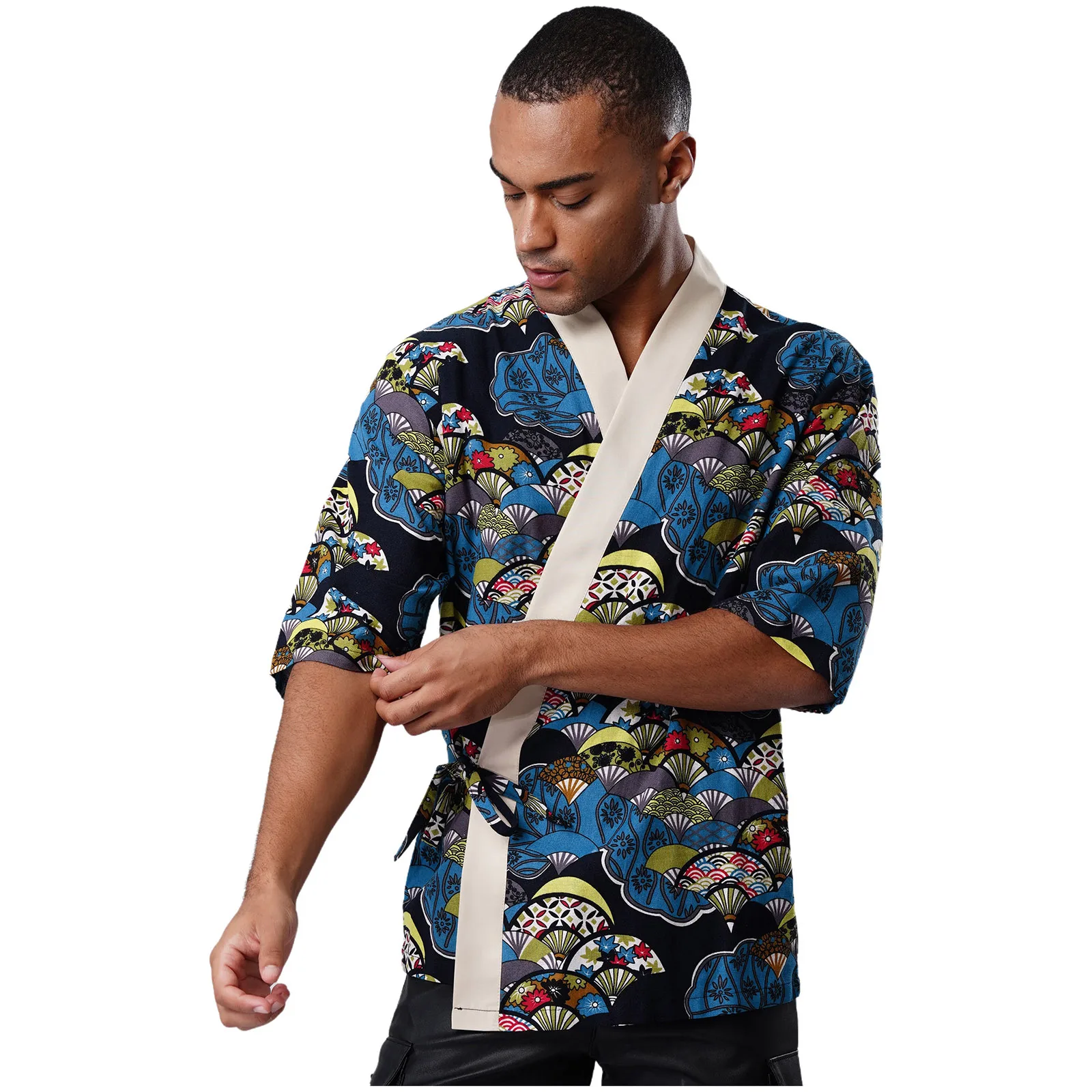 Men Japanese Sushi Chef Coat Traditional Print 3/4 Sleeve Lace-up Cook Kimono Jackets for Izakaya Japanese Cuisine Restaurant