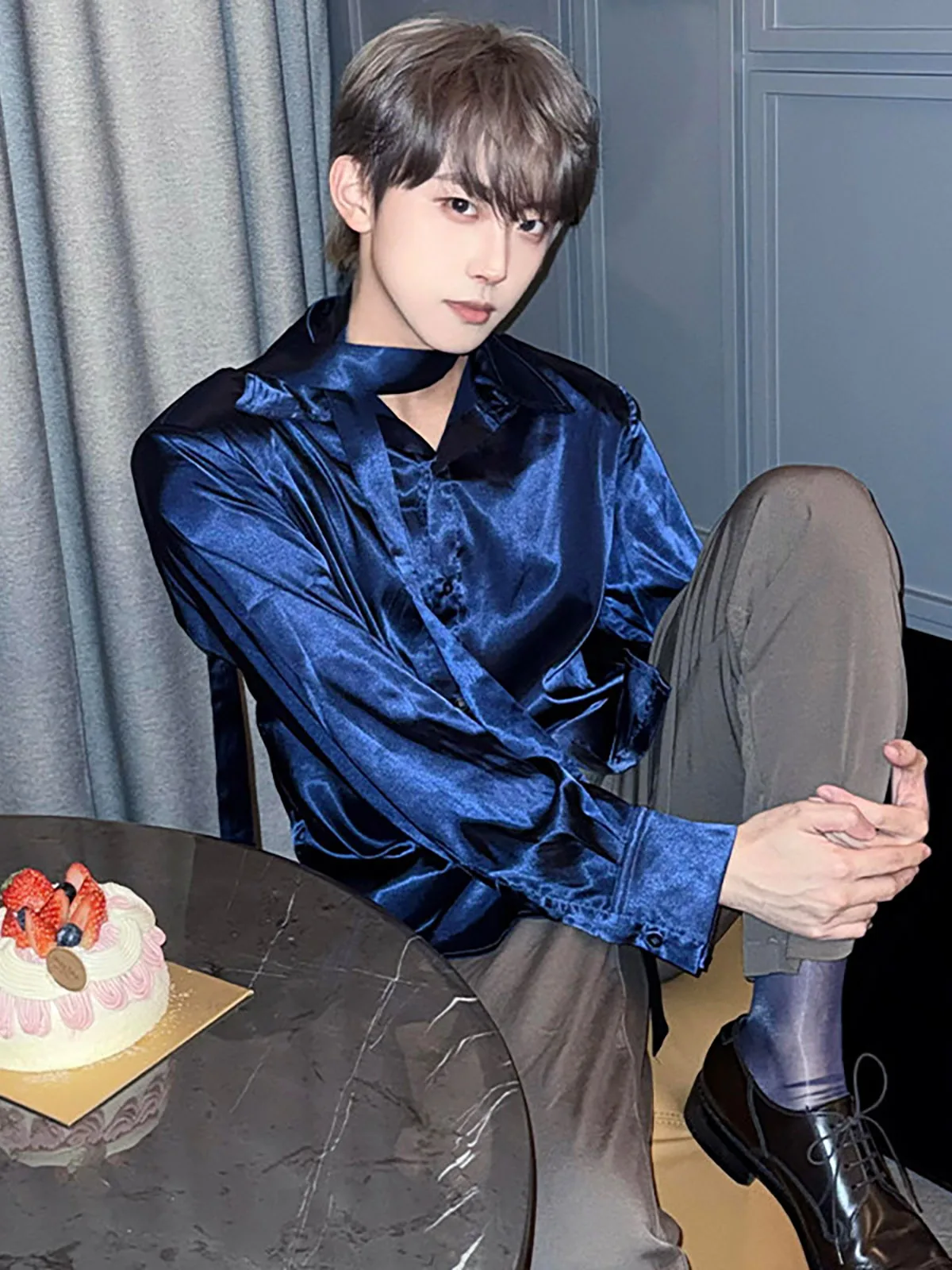Blue Silk Satin Long Sleeve Shirt Men's Style Drapey Shoulder Pad Shirt Outerwear Casual Feel Standard Fit Youth Popular Dail...
