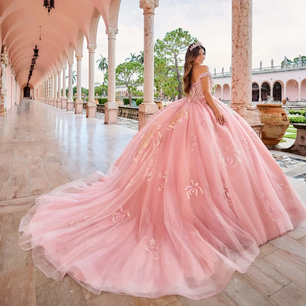 Exquisite Pink Quinceanrra Prom Dresses Graceful Off The Shoulder Princess Long Sparkly Sequins Beads Sweet 16 Dress Vestidos