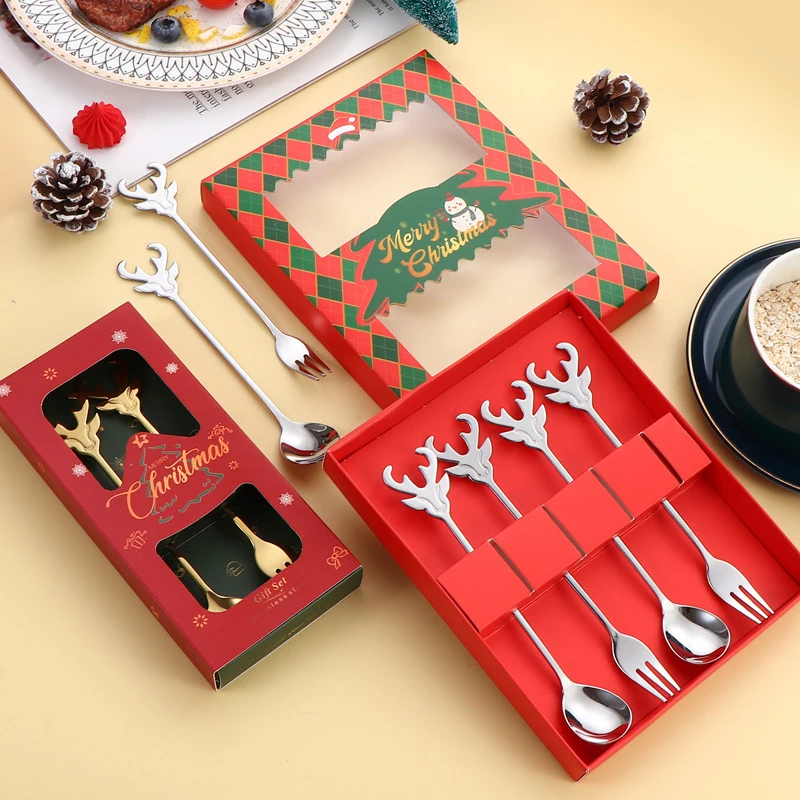 1/2/4/6Pcs Creative Deer Head Christmas Tableware Set Pastry Forks And Tea Spoon Set Stainless Steel Kitchen Bar Accessories