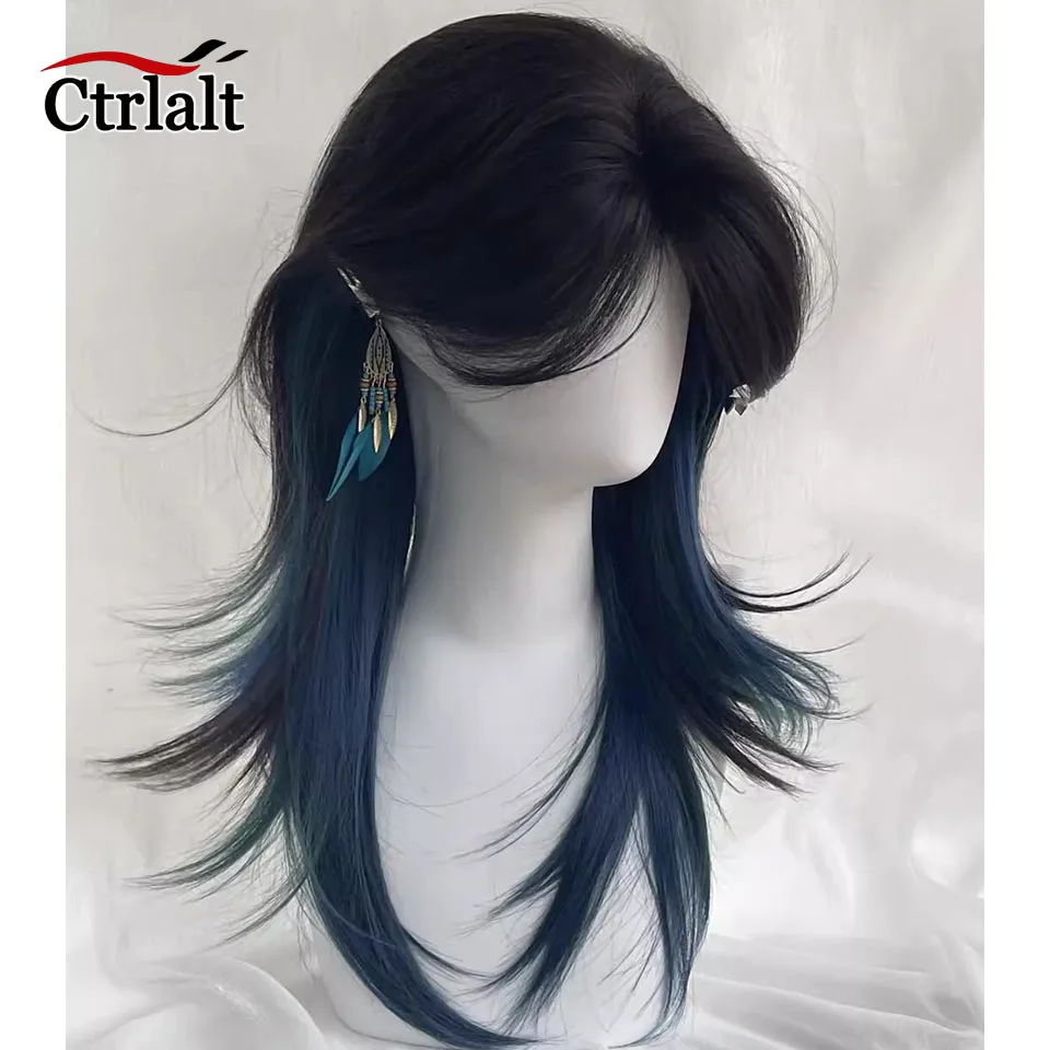Perruque synthétique bleue pour femme, cheveux longs et lisses, à reflets, tête de mulet de méduse, perruque de Cosplay