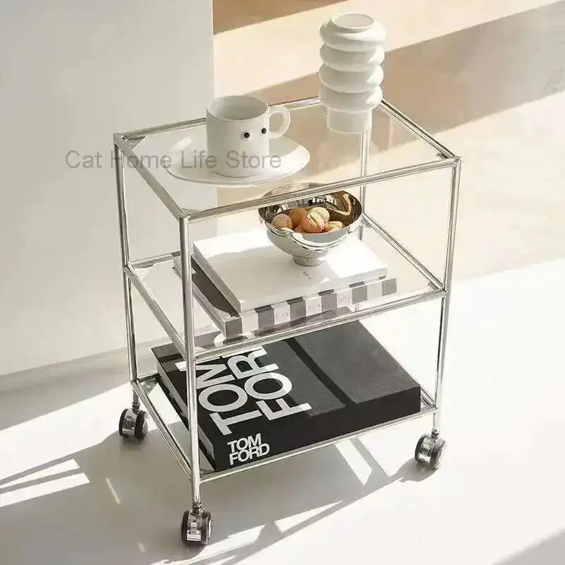 

Modern Glass Three-Layer Shelf Stainless Steel Medieval Small Cart Home Furniture Movable Side Table Coffee Table Storage Tables