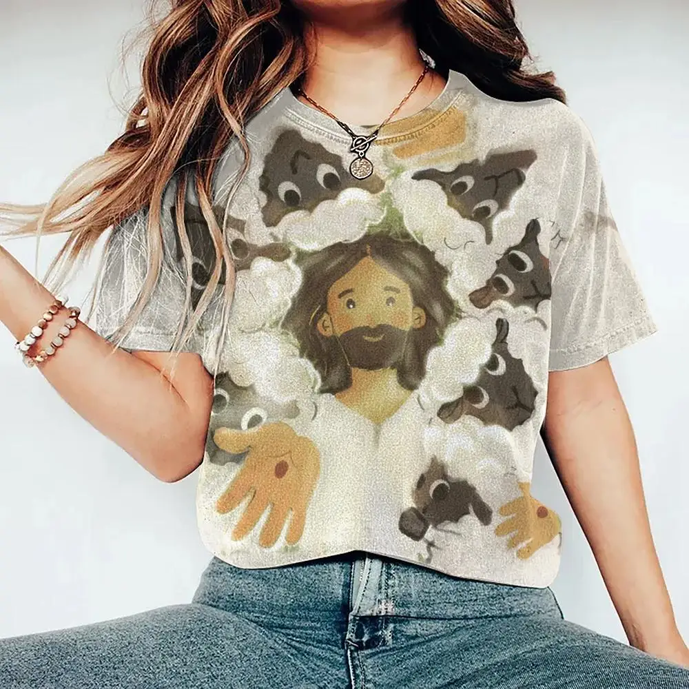 Women Fashion T-Shirts Jesus 3D Print Short Sleeve Christian T Shirt Casual Tops Summer Female Jesus O-Neck Loose Oversize Shirt image 2