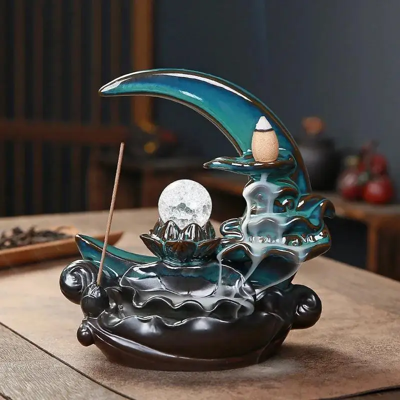 

1pc Moonlight Over for Lotus Pond Ceramic Backflow Incense Burner – Elegant Crescent Moon & for Lotus Design,Handcrafted Decor