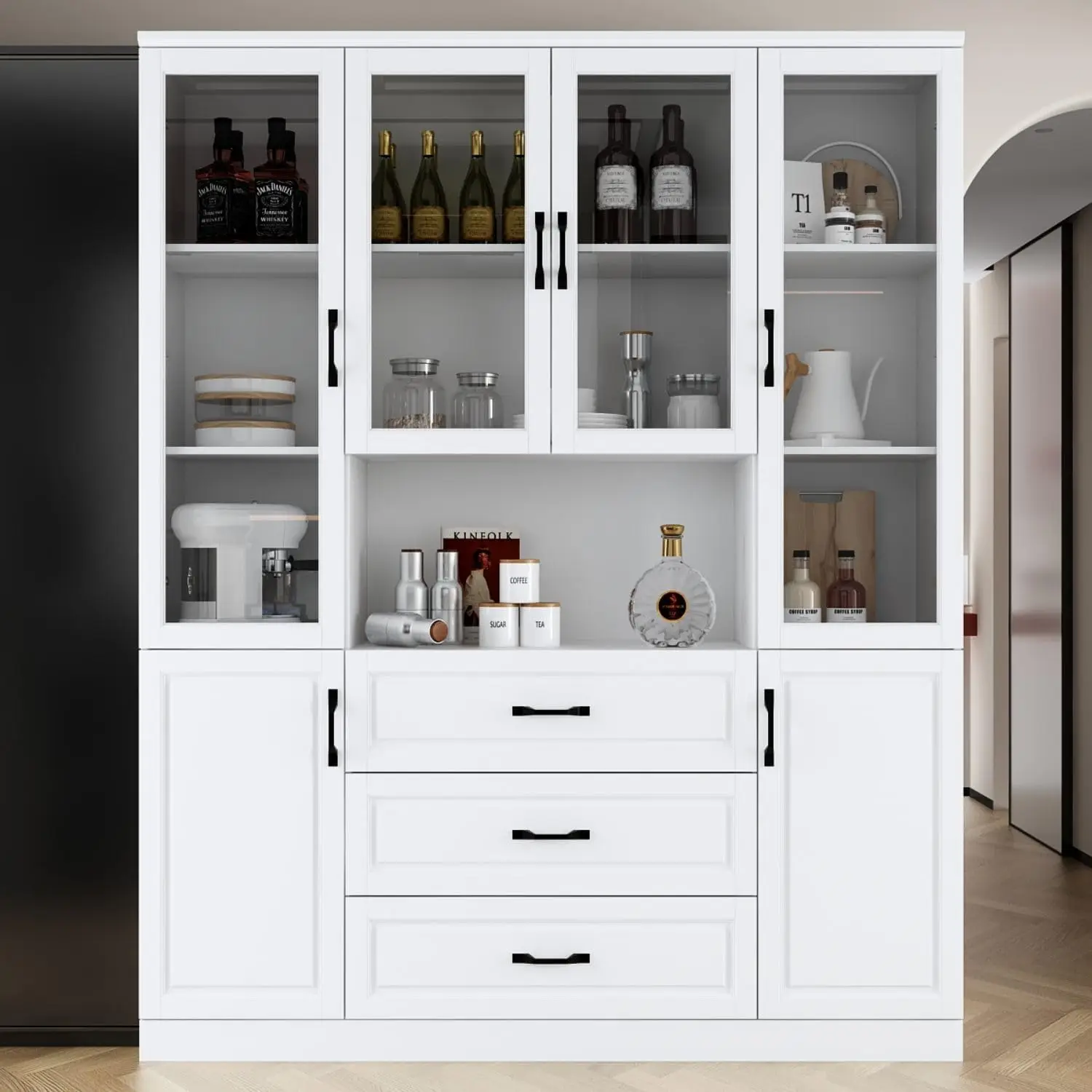 Kitchen Hutch Storage Cabinet with Glass Doors, Kitchen Pantry Cabinet with Shelves & 3 Drawers, Kitchen Storage Cabinet