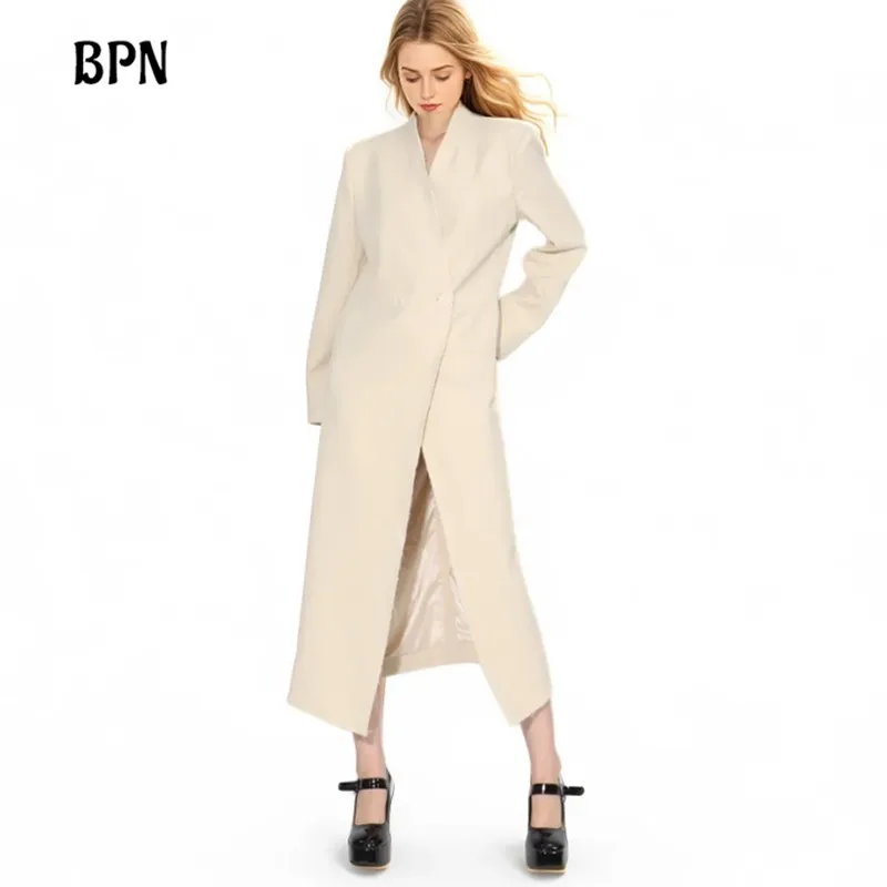 BPN Minimalist Solid Blazers For Women V Neck Long Sleeve Spliced Single Breasted Casual Temperament Long Blazer Female Fashion