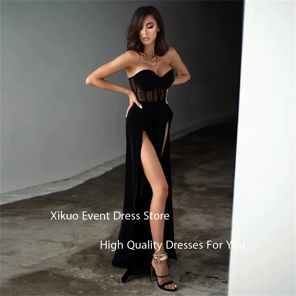 Xikuo Элегантные черные атласные вечерние платья Русалка Иллюзионные вечерние платья Корсет без бретелек с высоким боковым разрезом Robe De Soirée по индивидуальному заказу