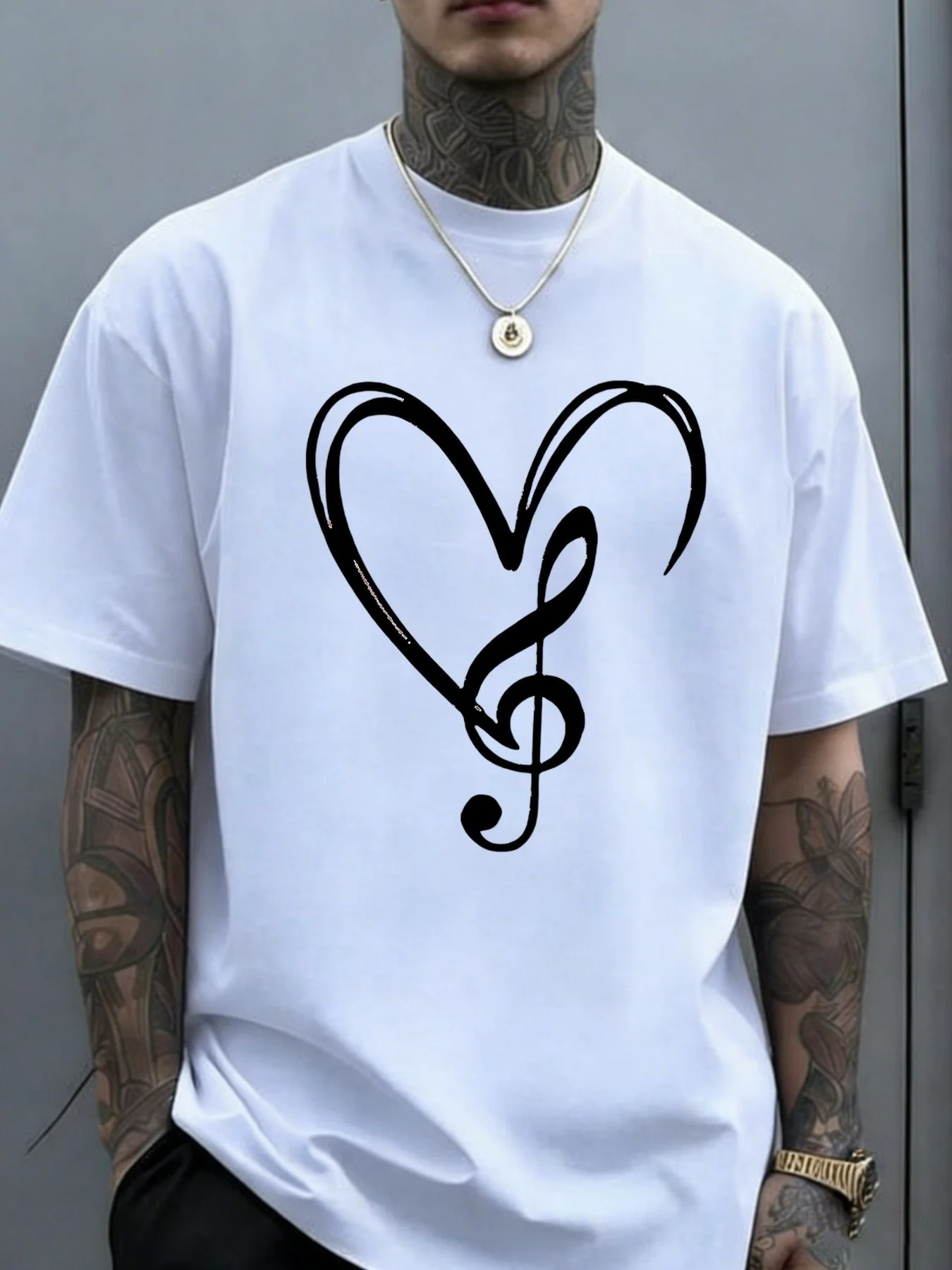 【Product Title】Unisex Short Sleeve T-Shirt Trendy Casual Unisex T-Shirt with Heart, Music Note, and Music Pattern Suitable for Daily Wear Summer Perfect Gift for Music Lovers and Friends 01T.Jpg Lightweight and Comfortable Fabric Suitable for All Seasons Including Outdoor Activities