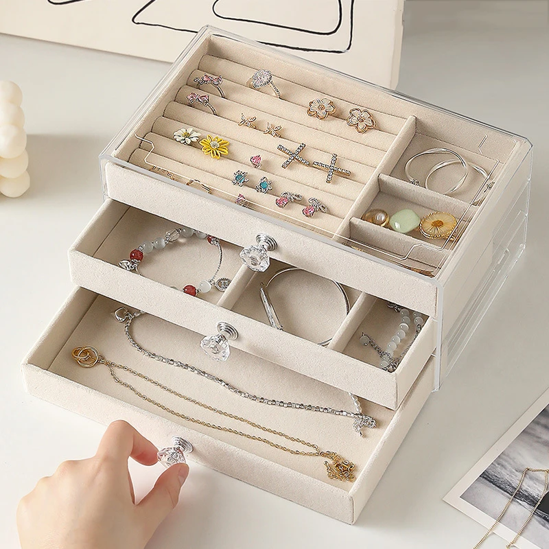 Jewelry storage box Anti-oxidation earrings studs necklace flannel acrylic high-grade exquisite storage jewelry box