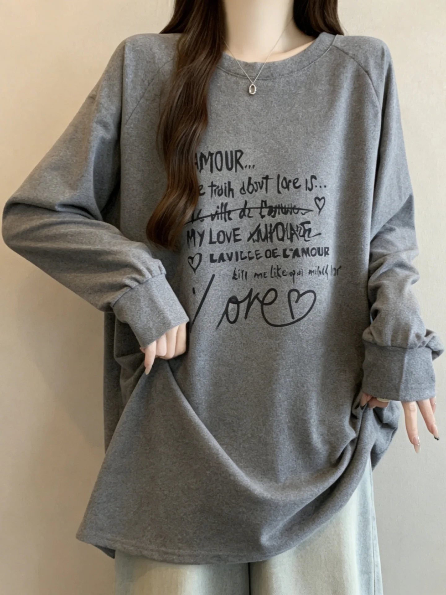 Slimming Printed Long Sleeve Hoodie Base Shirt Women's Spring Autumn plus Size Fashionable Mid-Length Butt Covering Top