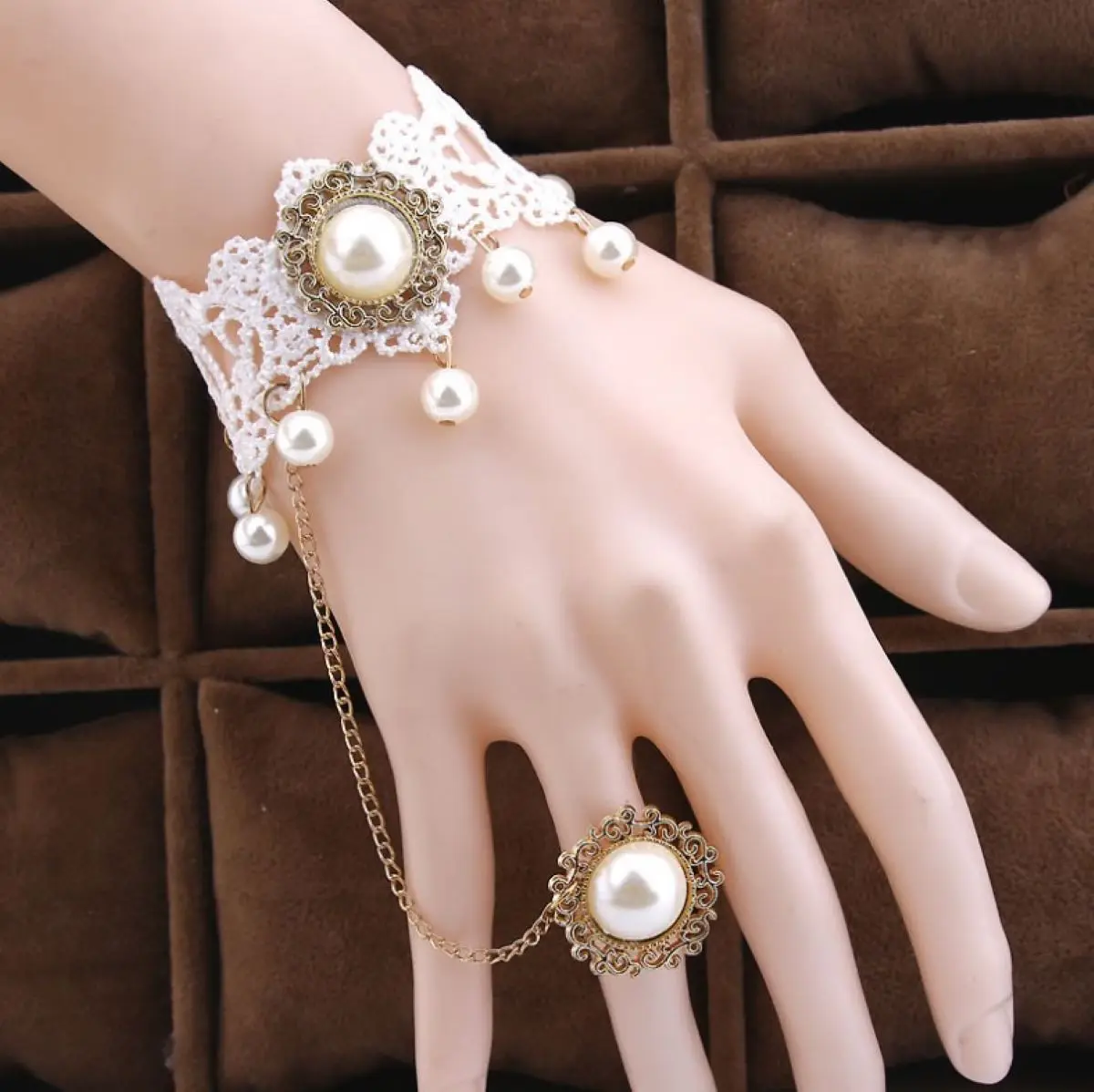 

Винтажные белые кружевные цветы свадебные перчатки без пальцев + кольцо из сплава/свадебный браслет 315