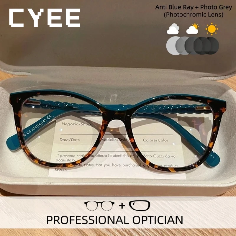 

CYEE TR90 Anti Blue Light Reading Glasses Women Cat Eye Photochromic Prescription Eyeglasses Luxury Hyperopia Myopia Eyewear