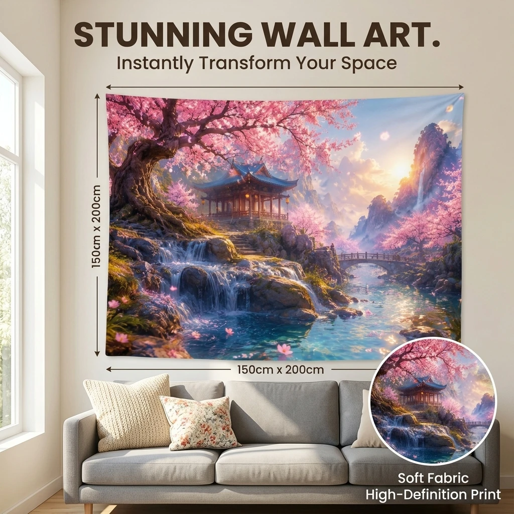 Gorgeous Sakura Cherry Blossom Waterfall Tapestry Wall Art Hanging Print Polyester Fabric Decor for Living Room Home Decoration