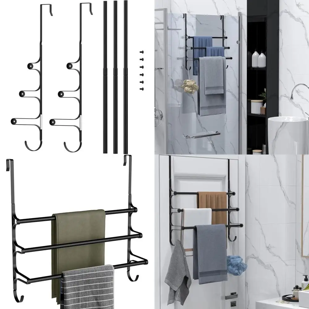 

Triple Hook Over-the-Door Towel Rack, 24-Inch Black Storage Bar for Bathroom