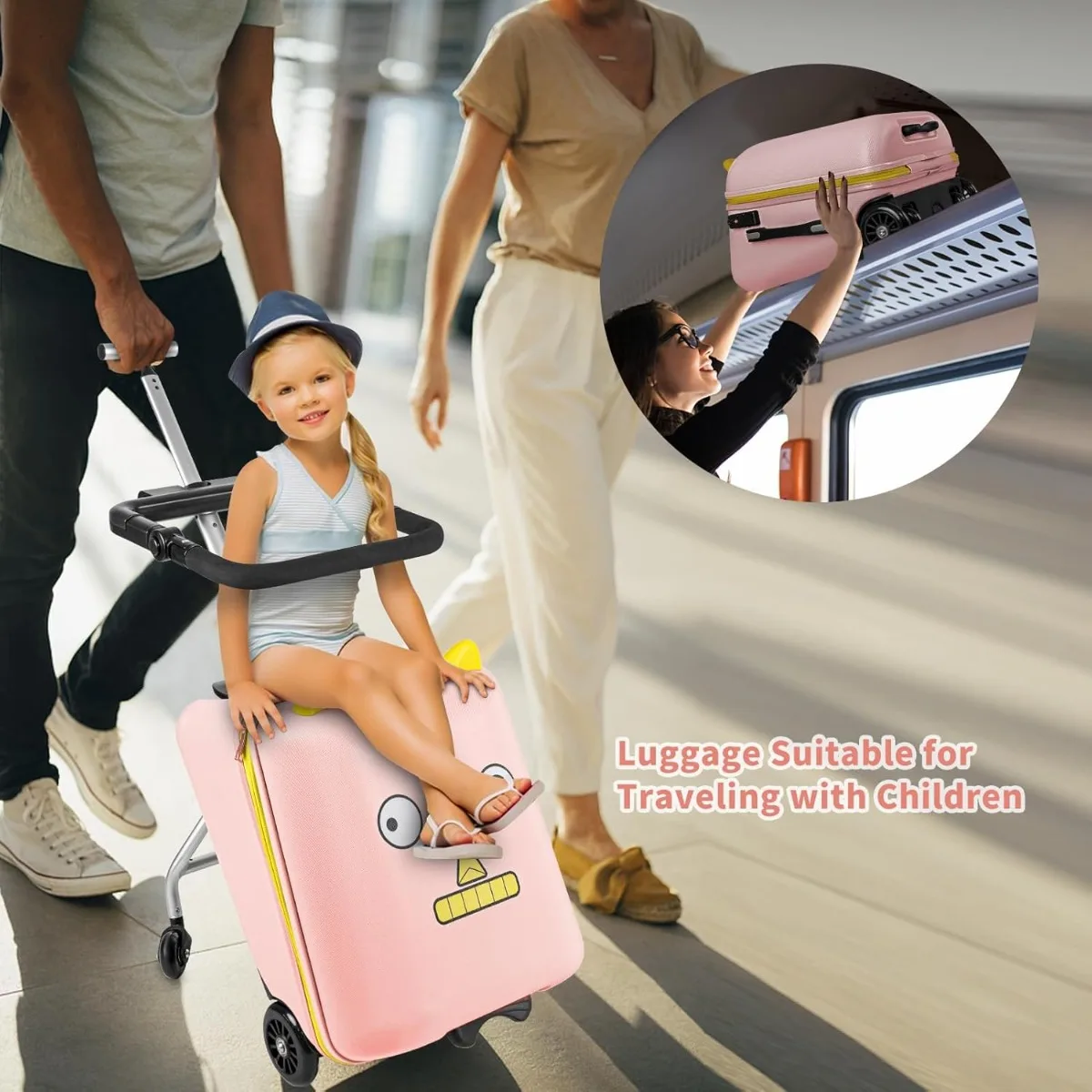 Ride on Suitcase for Kids, 20'' Carry on Luggage with Child Seat Design, Kids Carry on Luggage with Wheels