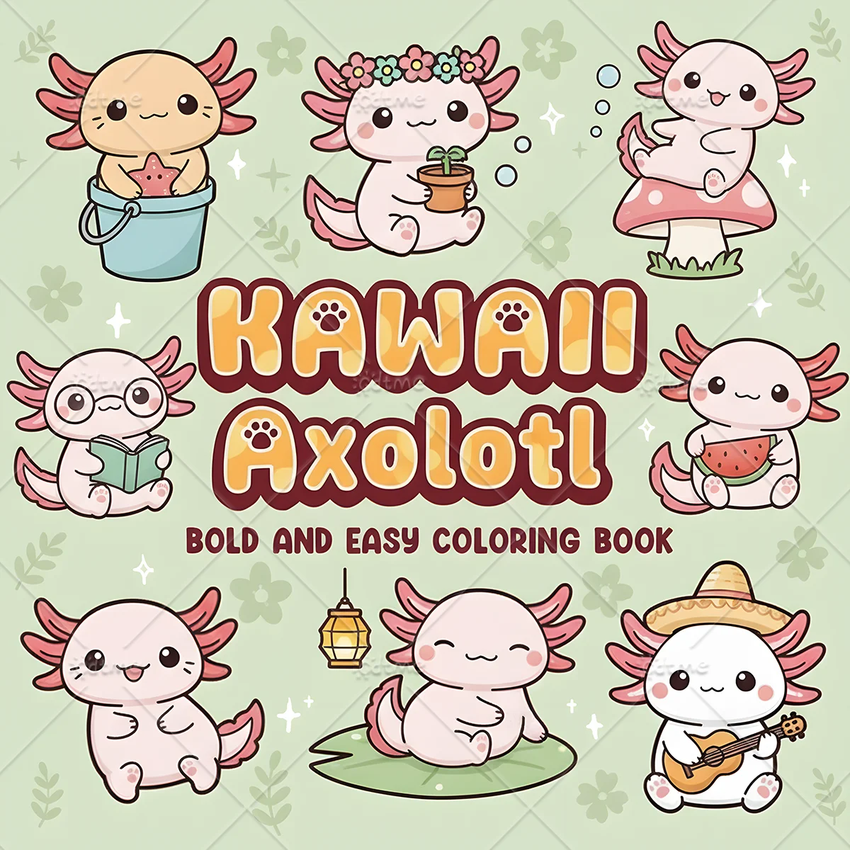 KAWAII AXOLOTL Bold-easy Patterns Coloring Book for Adults Cute Drawing Book Perfect Gift for Party and Birthday ﻿