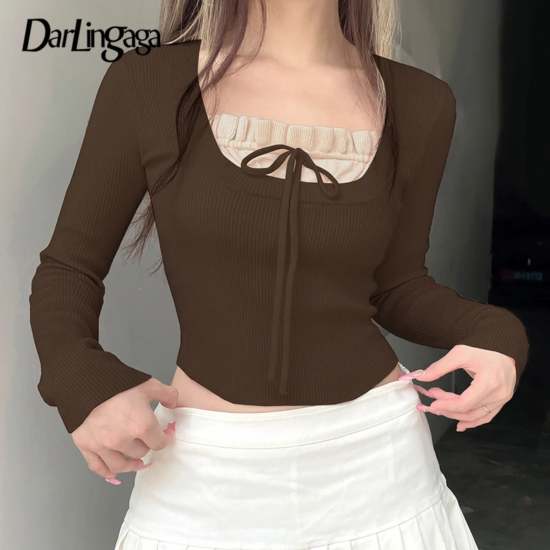 Darlingaga Korean Fashion Fitness Patched Y2K Women Sweaters Knitted Tie-Up Ruched Vintage Pullover Autumn Cropped Jumpers Cute