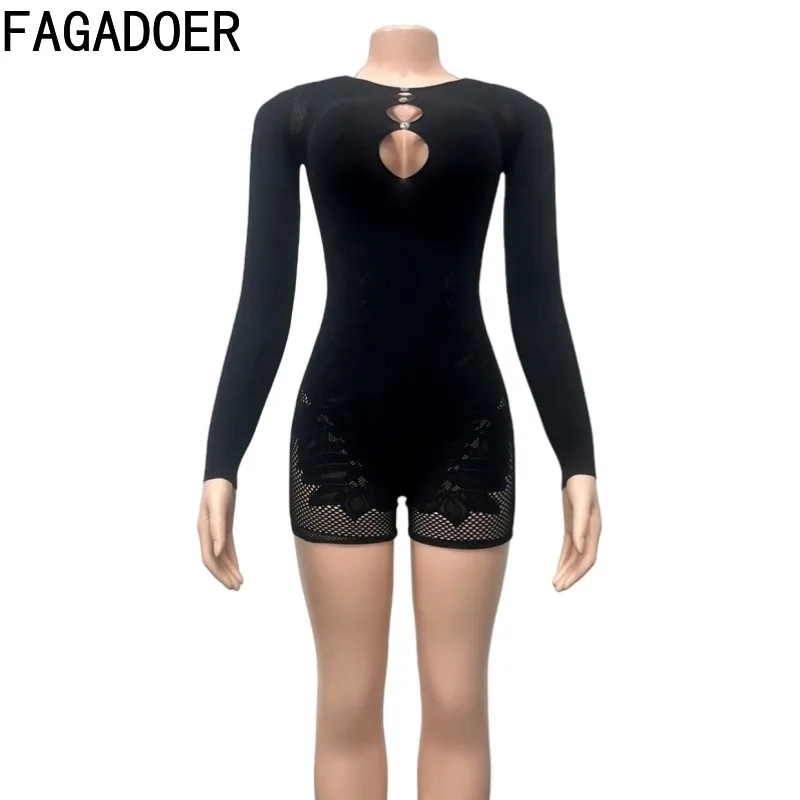 FAGADOER Sexy High Quality Knitted Bodycon Rompers Women Long Sleeves Hollow Out Jumpsuit Female Clubwear Workout Overalls 2025