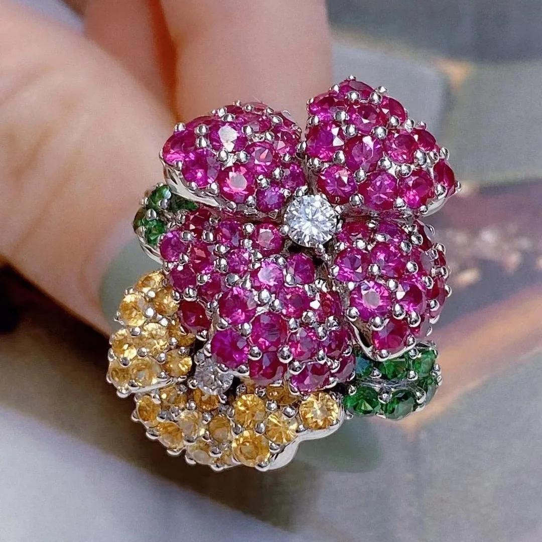 Female Cute Yellow Green Red Stone Silver Color Flower Wedding Rings Promise Open Adjustable Engagement Jewelry For Women