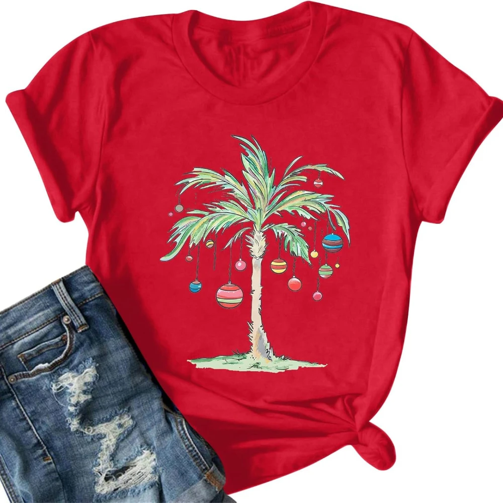 Christmas Shirts Women Palm Tree Women Graphic T-Shirt Summer Beach Party Cotton Shirt Funny Hawaii Vacation Short Sleeve Tops