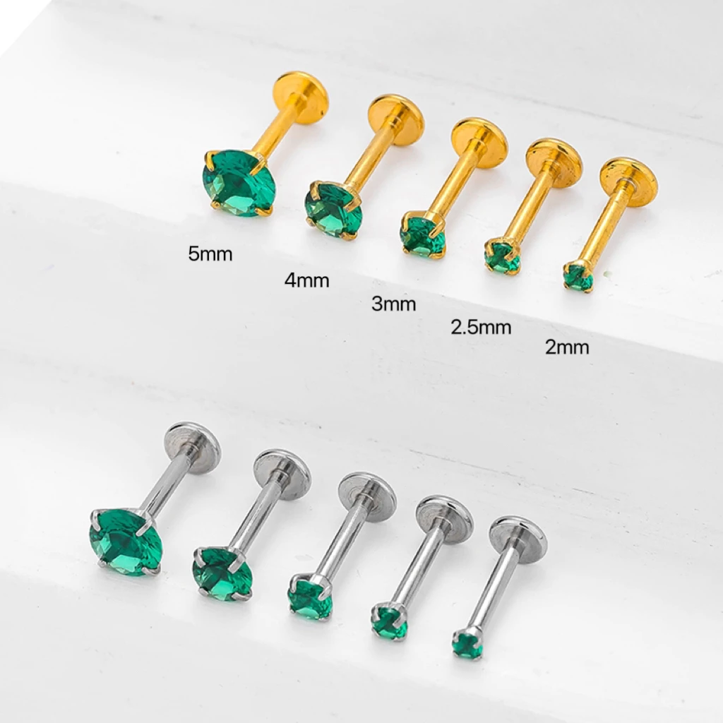 1 Piece 16g 6/8/10mm Green 2mm-5mm Zircon Top Design High Polish Stainless Steel Unique Labret Studs