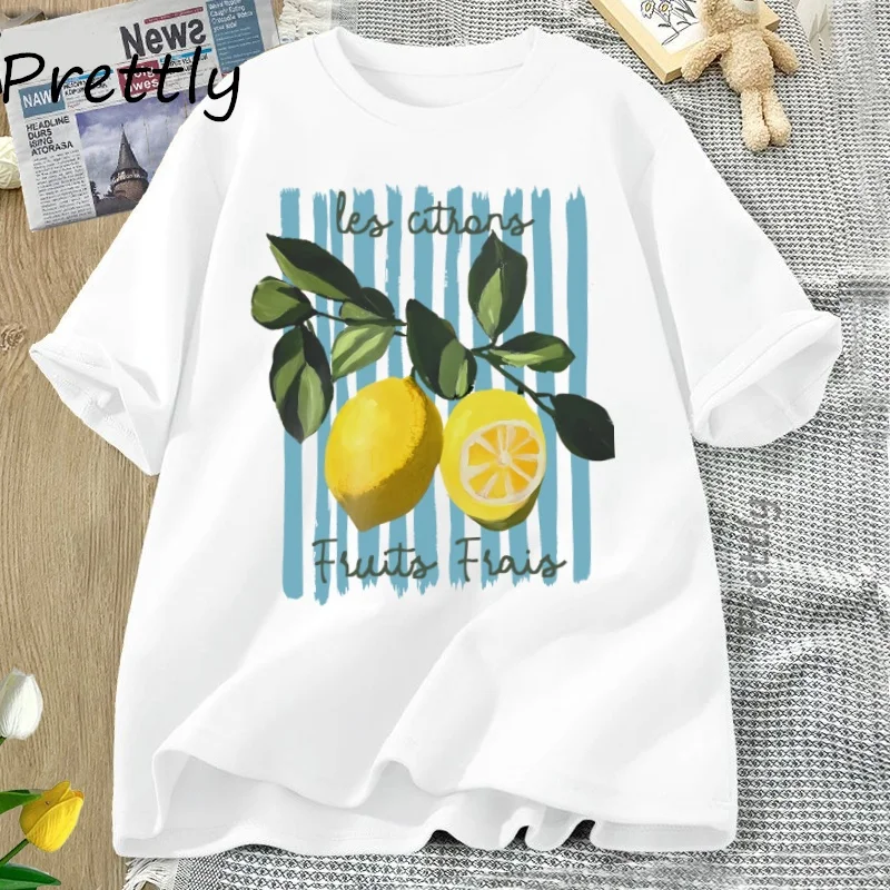 Sommer Zitrone T-shirt Vintage Cottagecore Französisch T Shirt Baumwolle Zitrone T-shirt Urlaub Strand T-shirt Casual Kurzarm Tops – Detail 9