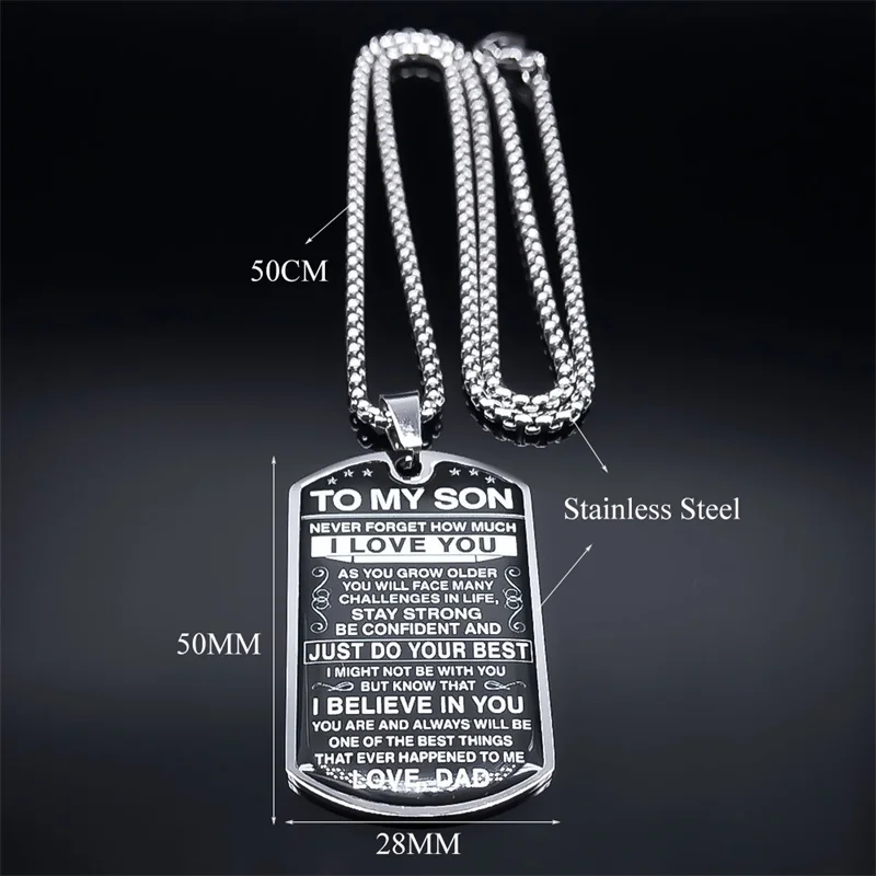 An meinen Sohn, ich liebe dich Anhänger Halskette Edelstahl Hundemarke Buchstabenkette Geburtstags- und Abschlussgeschenk Schmuck Männer Inspiration Kinder – Detail 3