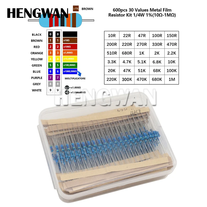 

Комплект металлических пленочных резисторов 600 шт., 1/4 Вт, 30 значений, сопротивление 10 Ом-1 м, набор 1%, упаковка «сделай сам», электронные компоненты