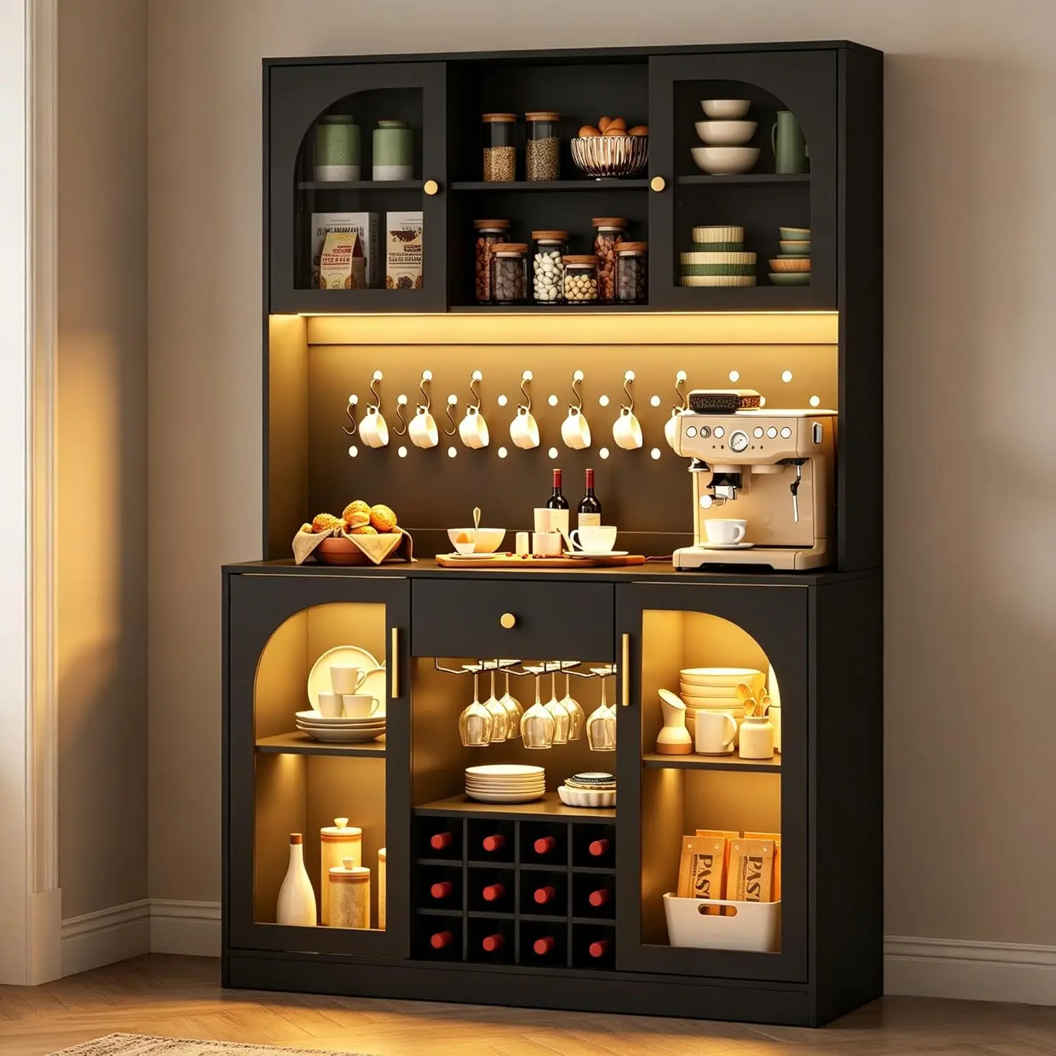 

72" Tall Liquor Cabinet with LED Lights & Glass Doors, Heavy-Duty Bar Cabinet with Wine Rack & Pegboard, Large Home, Customized