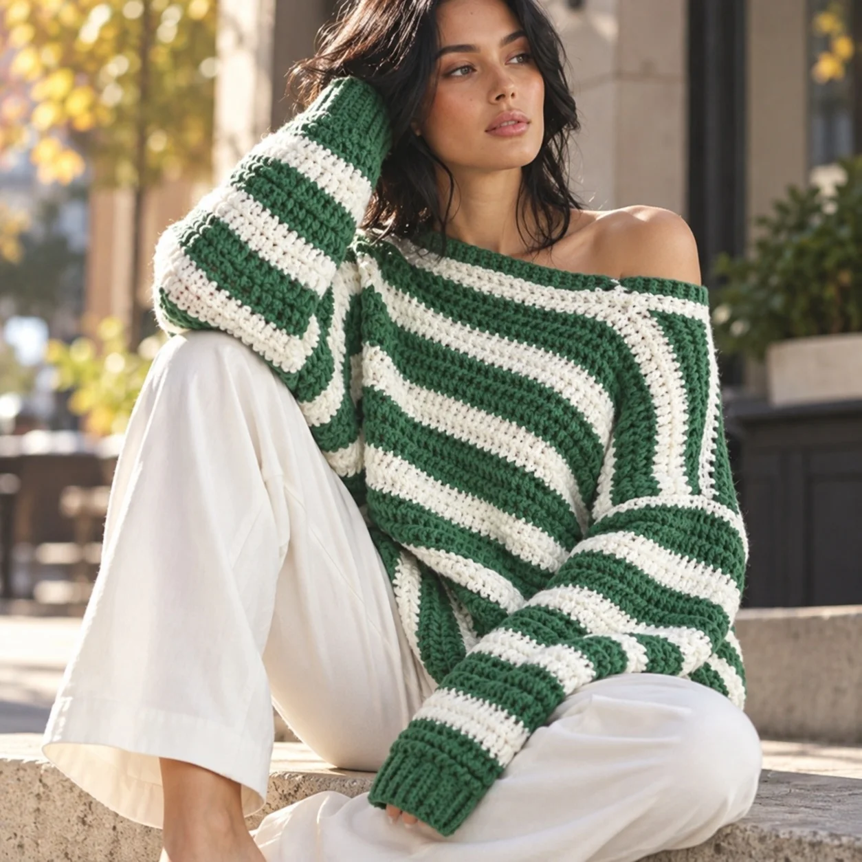 Striped Pullover Sweater Loose Fit Fresh and Sweet with Off Shoulder Neckline High Temperature Setting Process Women Sweater