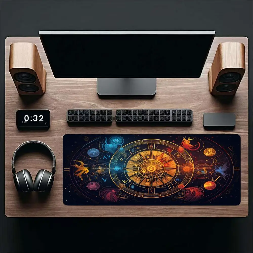 Vintage golden zodiac astrolabe playmat occult cosmic star chart gaming office mousepad