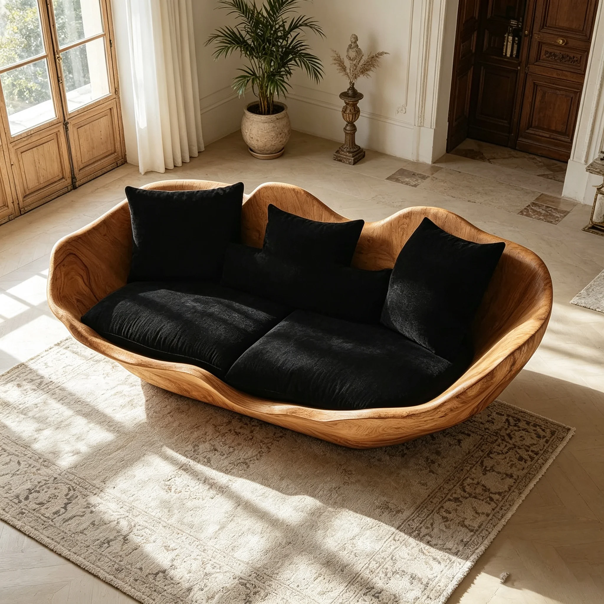 G*-Modern Organic Curved Multi-Seat Sofa with Durable Fiberglass Wood Grain Frame and High-Quality Black Fabric