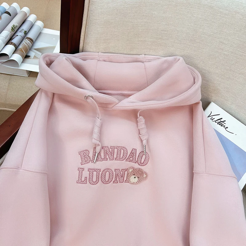 Pink Bear Embroidered Hooded and Fleece Sweatshirt Women\'s Autumn and Winter New Fashion Loose Top Jacket Women