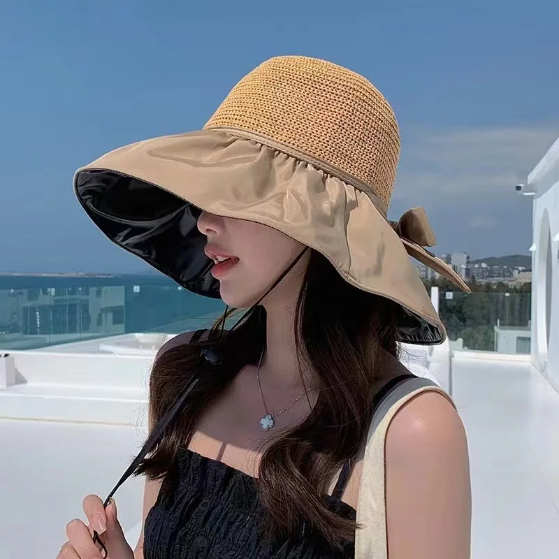 

Summer Vinyl Bow Women's Uv Big Brim Face-Covering Knitted Hollow Sun Protection Hat