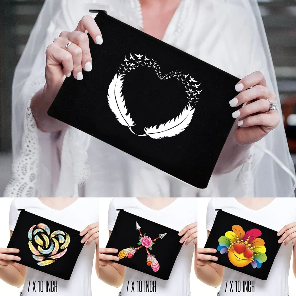 Makeup Organizer Bags Canvas Cosmetic Case Pouch Gifts for Bridesmaid Clutch Holiday Travel Feather Pattern Beauty Washing Bag