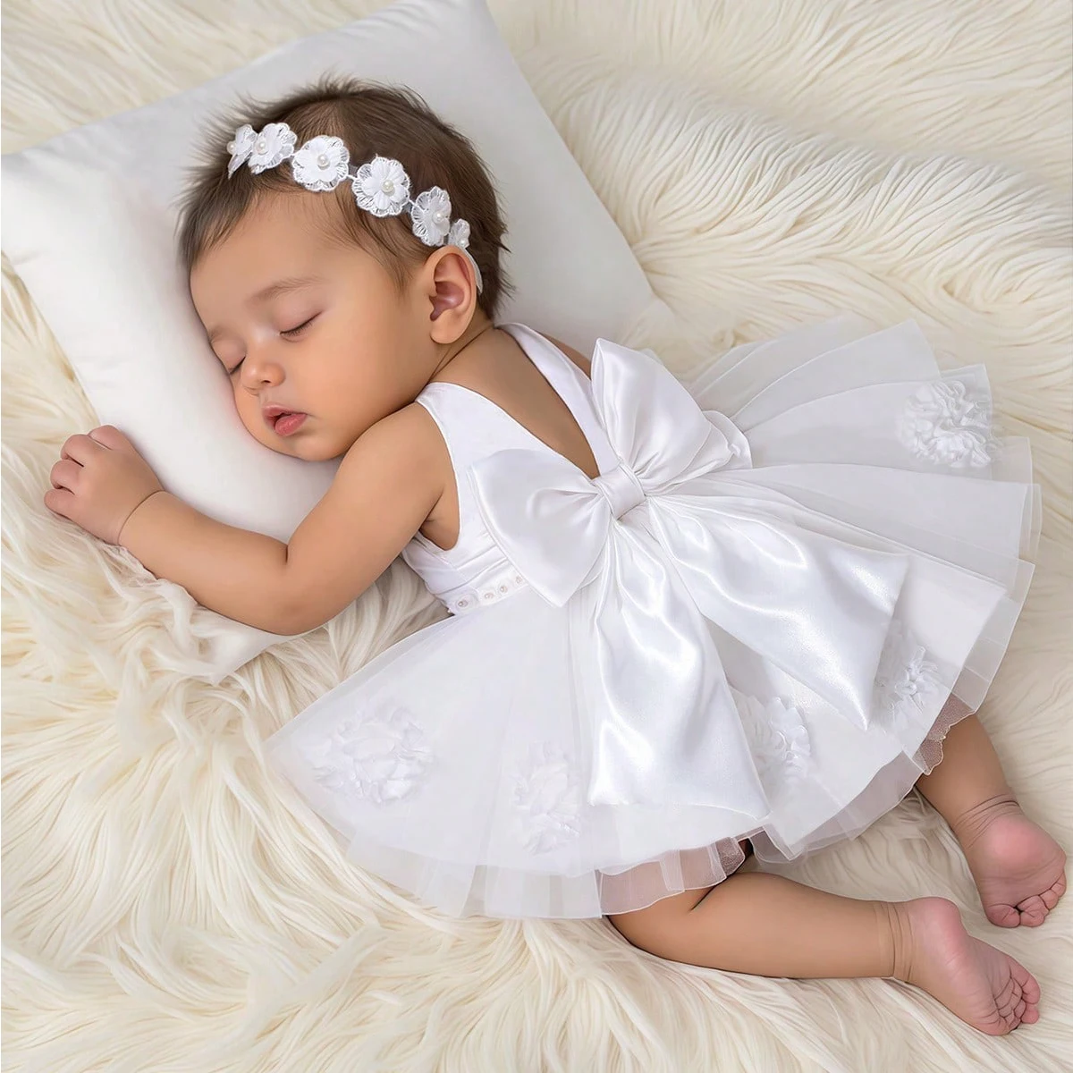 Ylsteed 2Pcs Set White Newborn Girl Dress For Photo Shooting Big Bowknot Baby Photography Dress With Pearl Headband