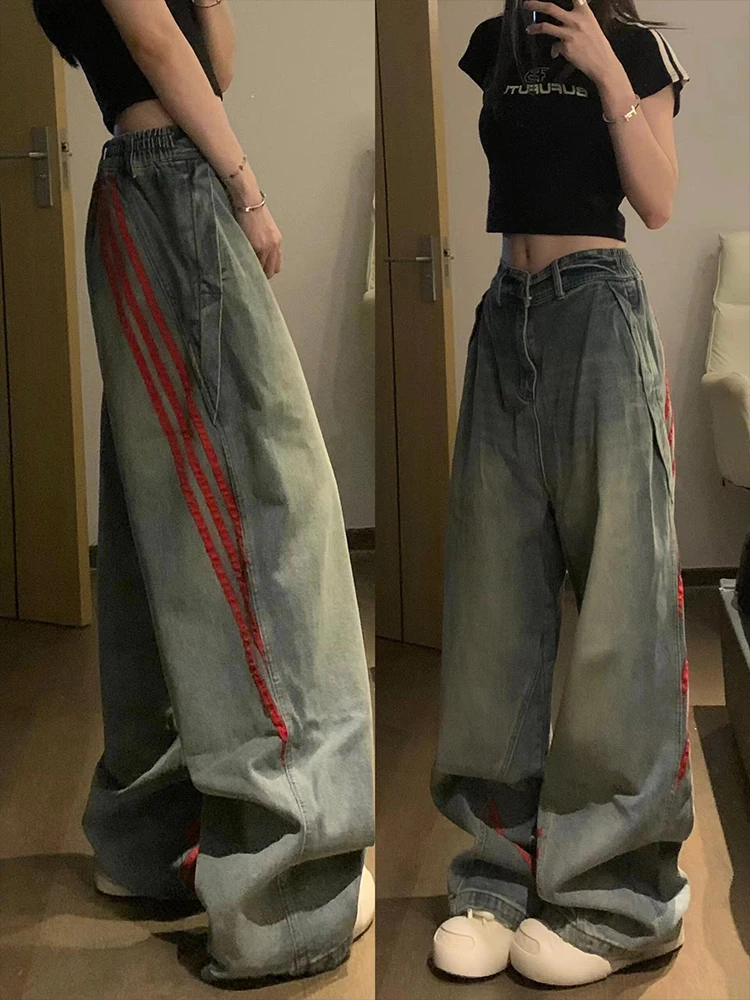 

Мужские джинсы в стиле ретро, американские, летние, в полоску, модные, брендовые, Haome Streetwear, с лоскутным шитьем, свободные, прямые, широкие брюки