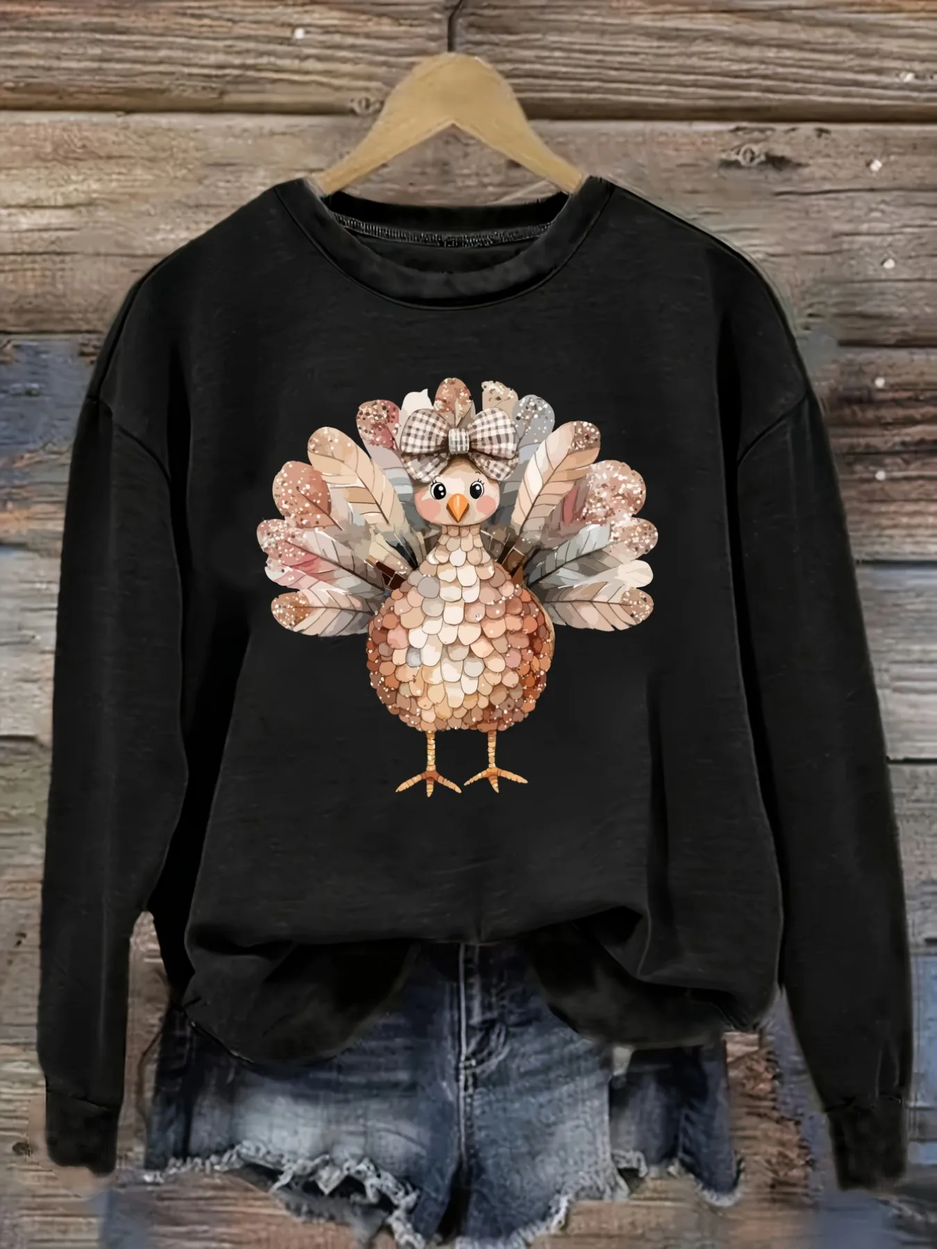 Women's Casual Long Sleeve Crew Neck T-Shirt Cute Turkey With Bow Print Design, Round Neck Women's Clothing, Machine Washable, Slightly Elastic, Loose Fit, Spring Autumn Winter Women's T-Shirt, Halloween Costume Outfit