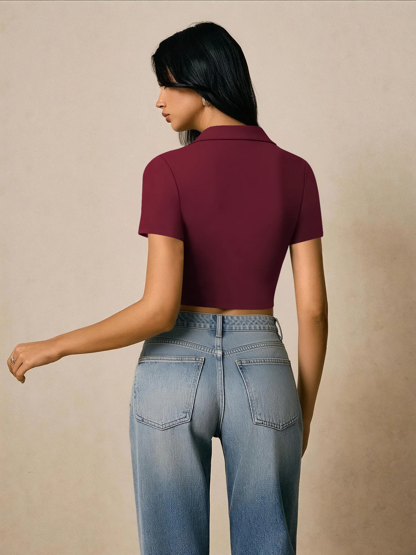 Trendy Midriff Polo Blouse, Tailored Lapel Short Sleeve Crop Top for Fashion Blogger Shoots & Weekend Gatherings